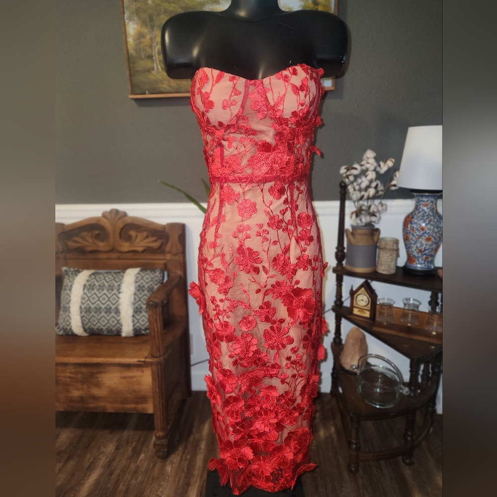 Elegant Red Strapless Lace Dress